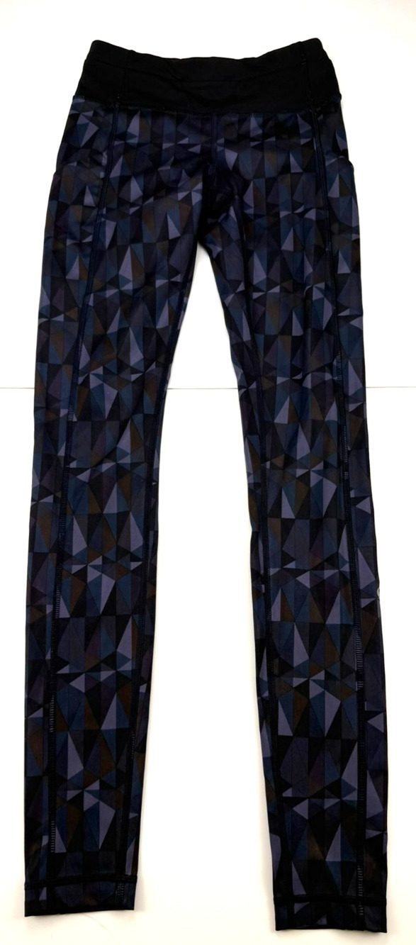 Lululemon Womens 2 Geometric Running Leggings Blue Black Zip Pocket Luxtreme